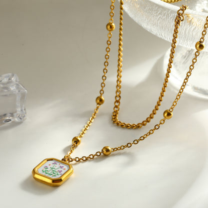 Sweet Square Double Layer Necklaces For Women Featuring 304 Stainless Steel With 18K Real Gold Plated Cuban Link Chain