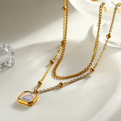 Sweet Square Double Layer Necklaces For Women Featuring 304 Stainless Steel With 18K Real Gold Plated Cuban Link Chain