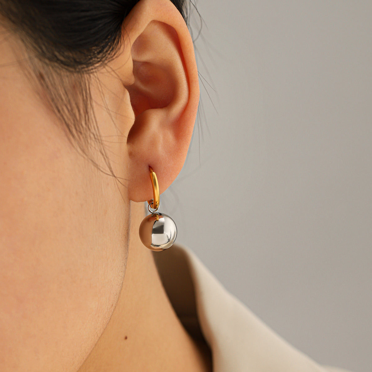 IG Style Ball Stud Earrings For Women In 304 Stainless Steel With 18K Real Gold Plated And Pearl Inlay
