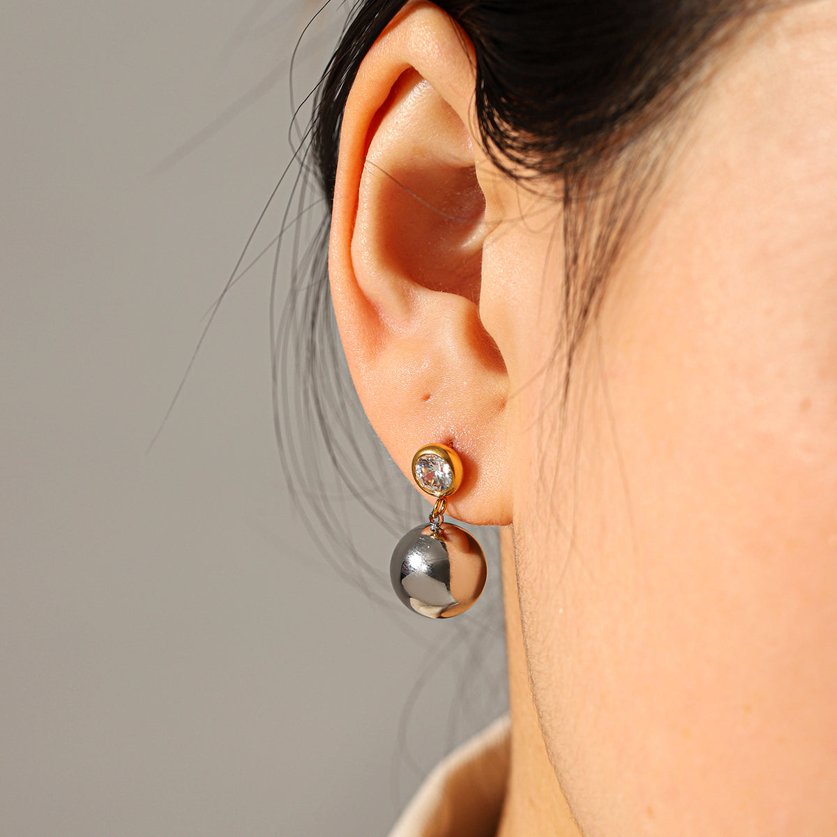 IG Style Ball Stud Earrings For Women In 304 Stainless Steel With 18K Real Gold Plated And Pearl Inlay