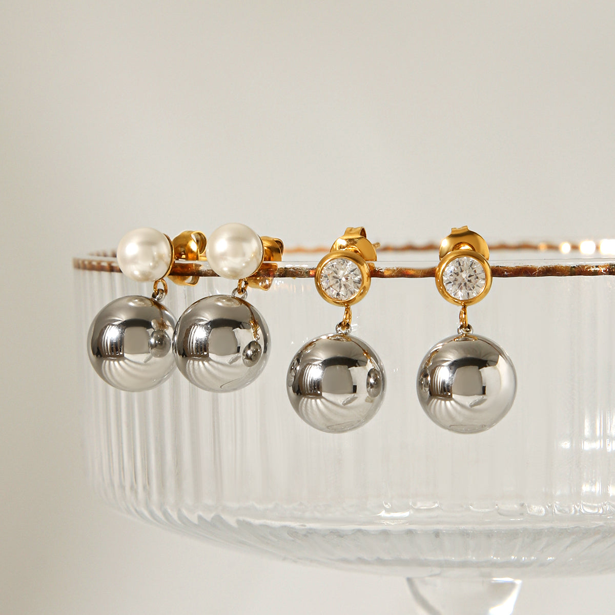 IG Style Ball Stud Earrings For Women In 304 Stainless Steel With 18K Real Gold Plated And Pearl Inlay