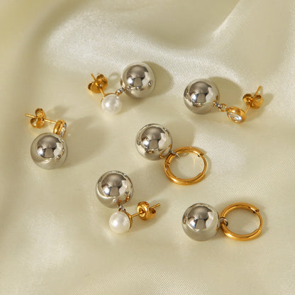 IG Style Ball Stud Earrings For Women In 304 Stainless Steel With 18K Real Gold Plated And Pearl Inlay