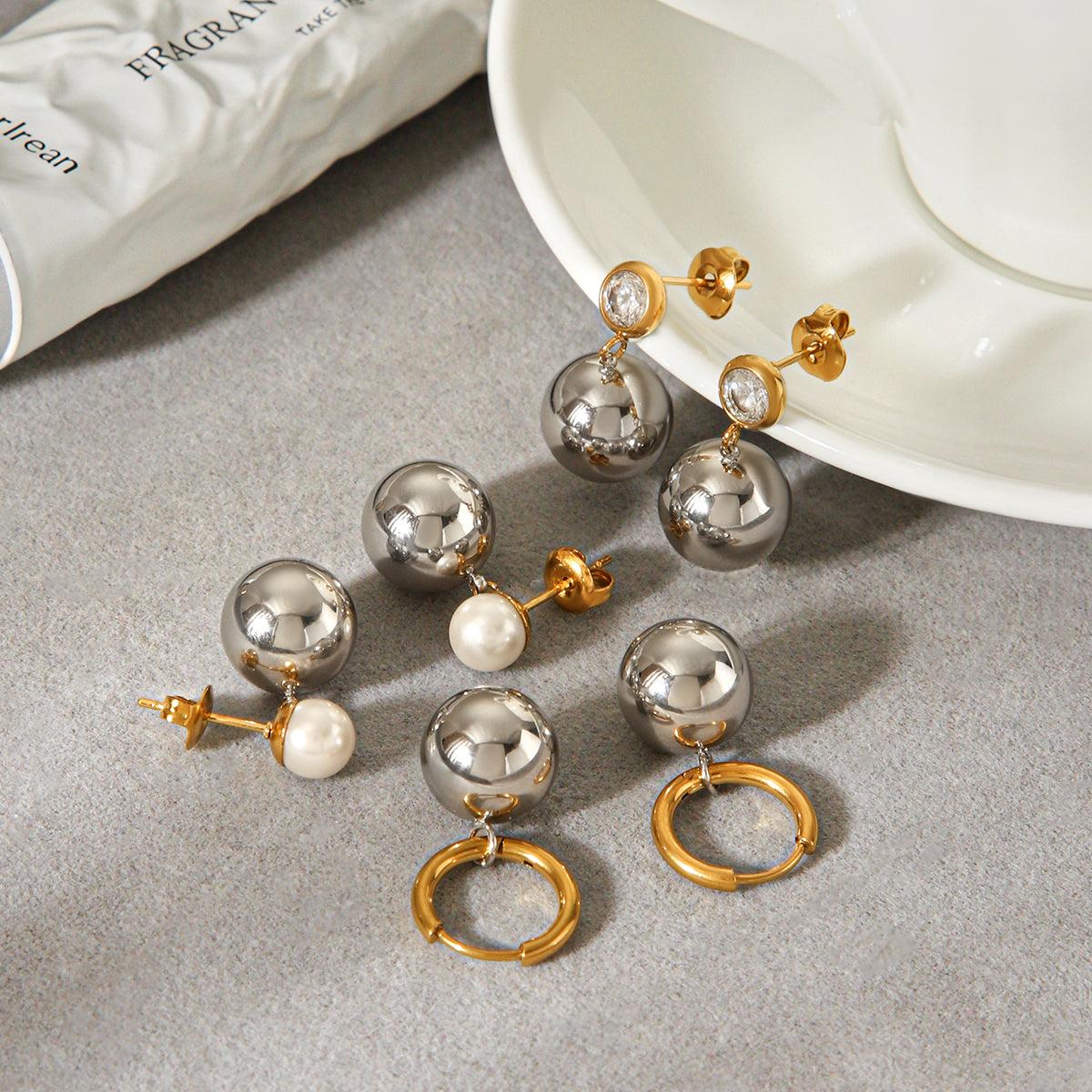IG Style Ball Stud Earrings For Women In 304 Stainless Steel With 18K Real Gold Plated And Pearl Inlay