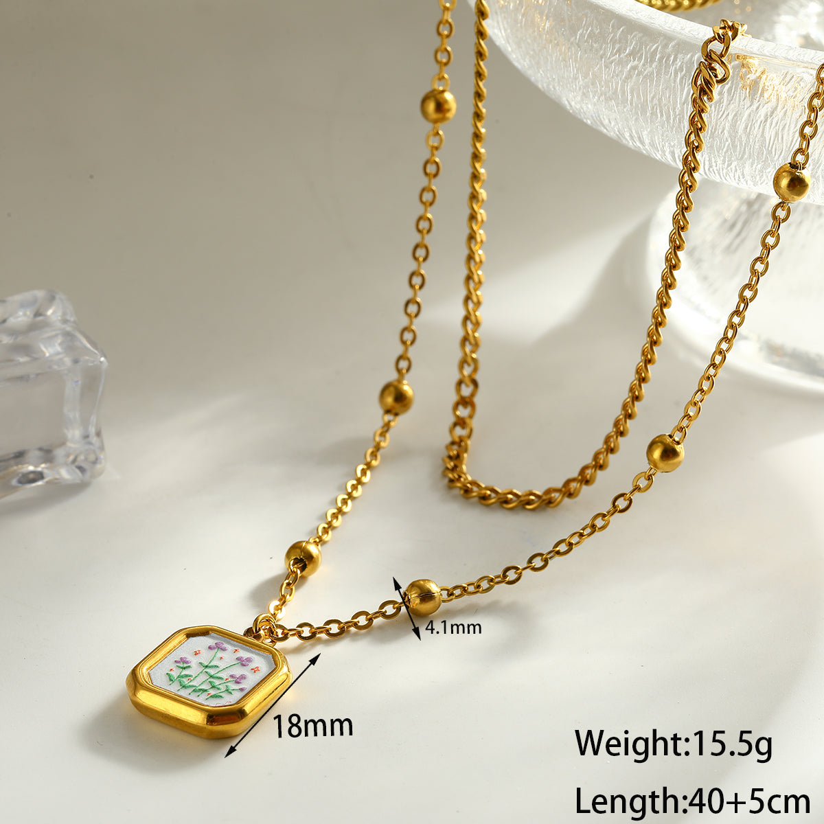 Sweet Square Double Layer Necklaces For Women Featuring 304 Stainless Steel With 18K Real Gold Plated Cuban Link Chain