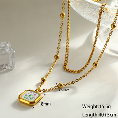 Sweet Square Double Layer Necklaces For Women Featuring 304 Stainless Steel With 18K Real Gold Plated Cuban Link Chain