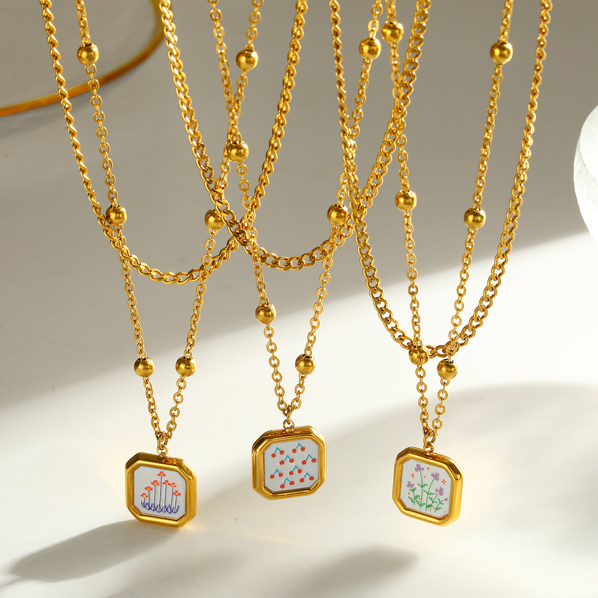 Sweet Square Double Layer Necklaces For Women Featuring 304 Stainless Steel With 18K Real Gold Plated Cuban Link Chain