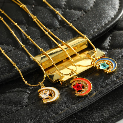 Star Pendant Necklace For Women In 201 Stainless Steel With 18K Real Gold Plated And Rhinestones, Perfect For Valentine's Day