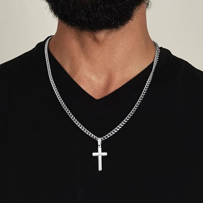 Simple Style Cross Zinc Alloy Cuban Chain Link Necklace For Men With Electroplated Finish