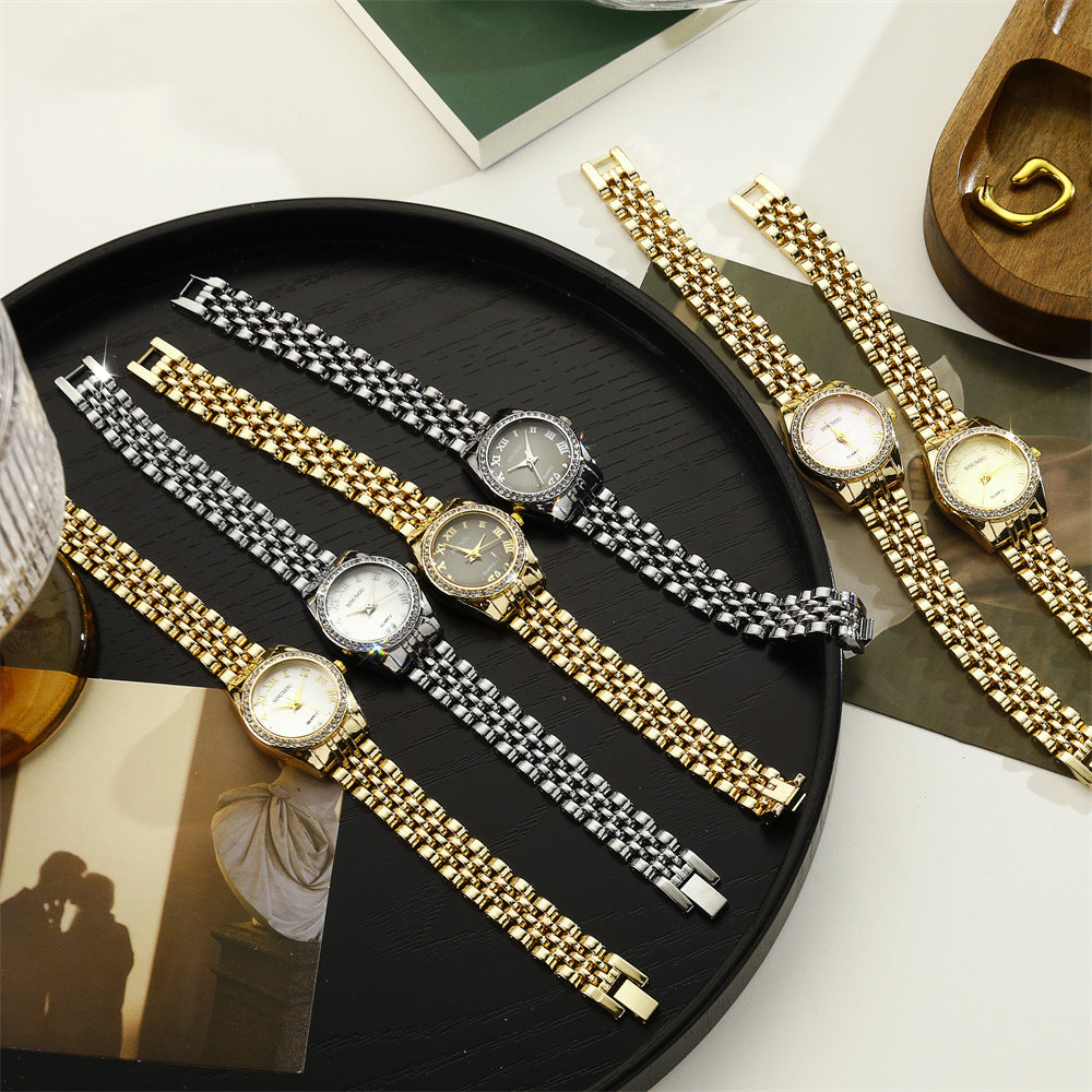 Women's Quartz Watch With Stainless Steel Strap And Jewelry Buckle, Featuring Ordinary Glass Mirror And Pointer Display