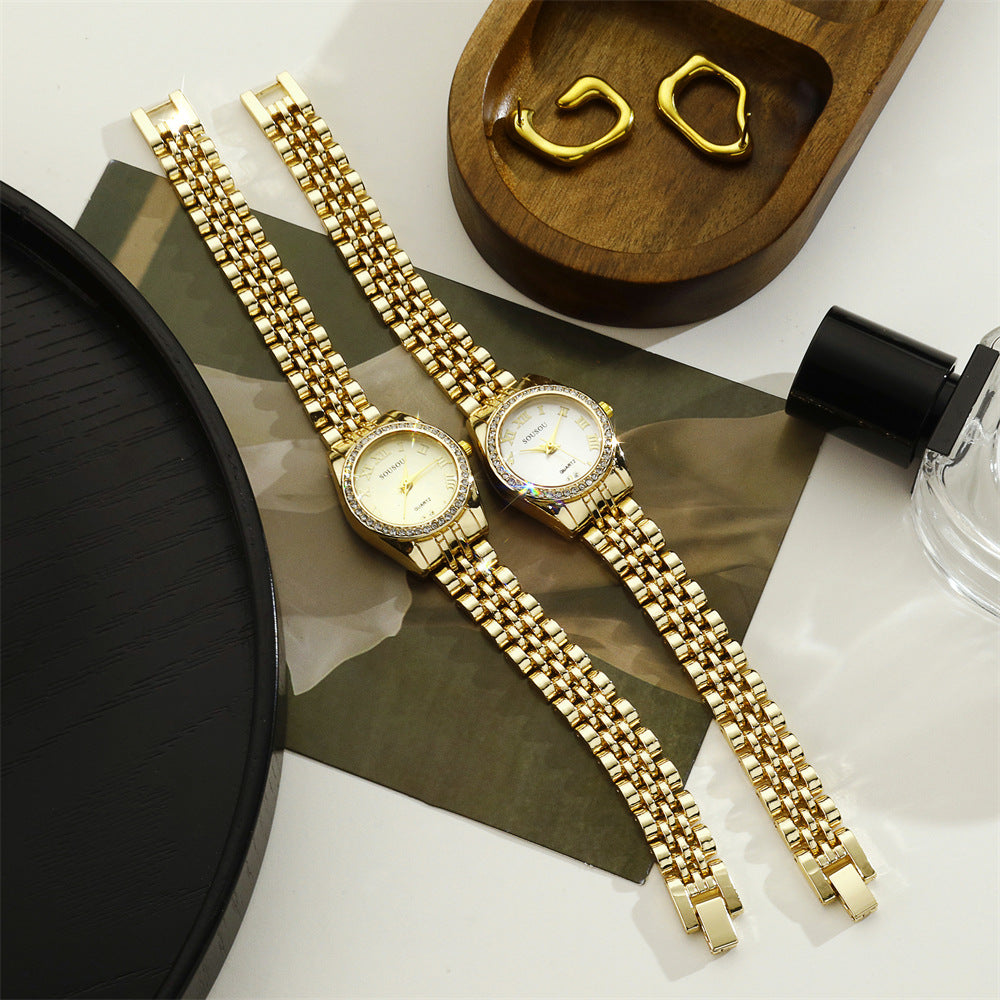 Women's Quartz Watch With Stainless Steel Strap And Jewelry Buckle, Featuring Ordinary Glass Mirror And Pointer Display
