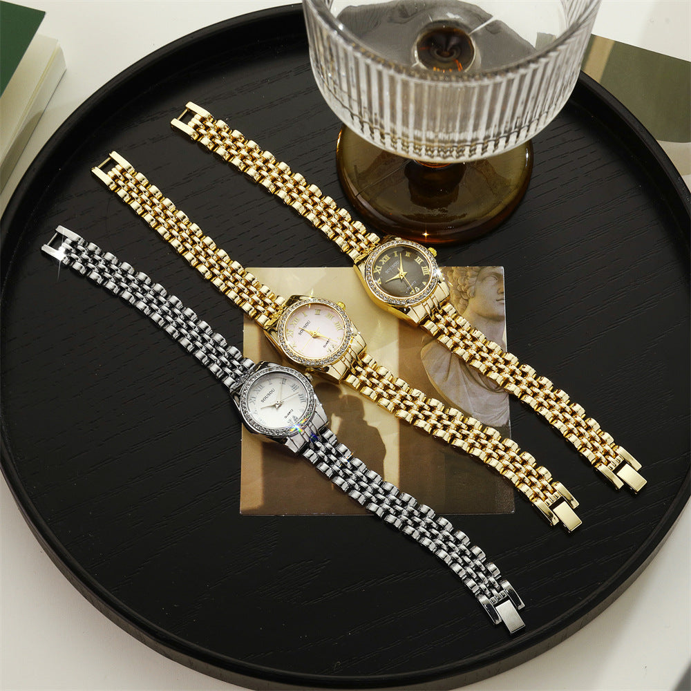 Women's Quartz Watch With Stainless Steel Strap And Jewelry Buckle, Featuring Ordinary Glass Mirror And Pointer Display