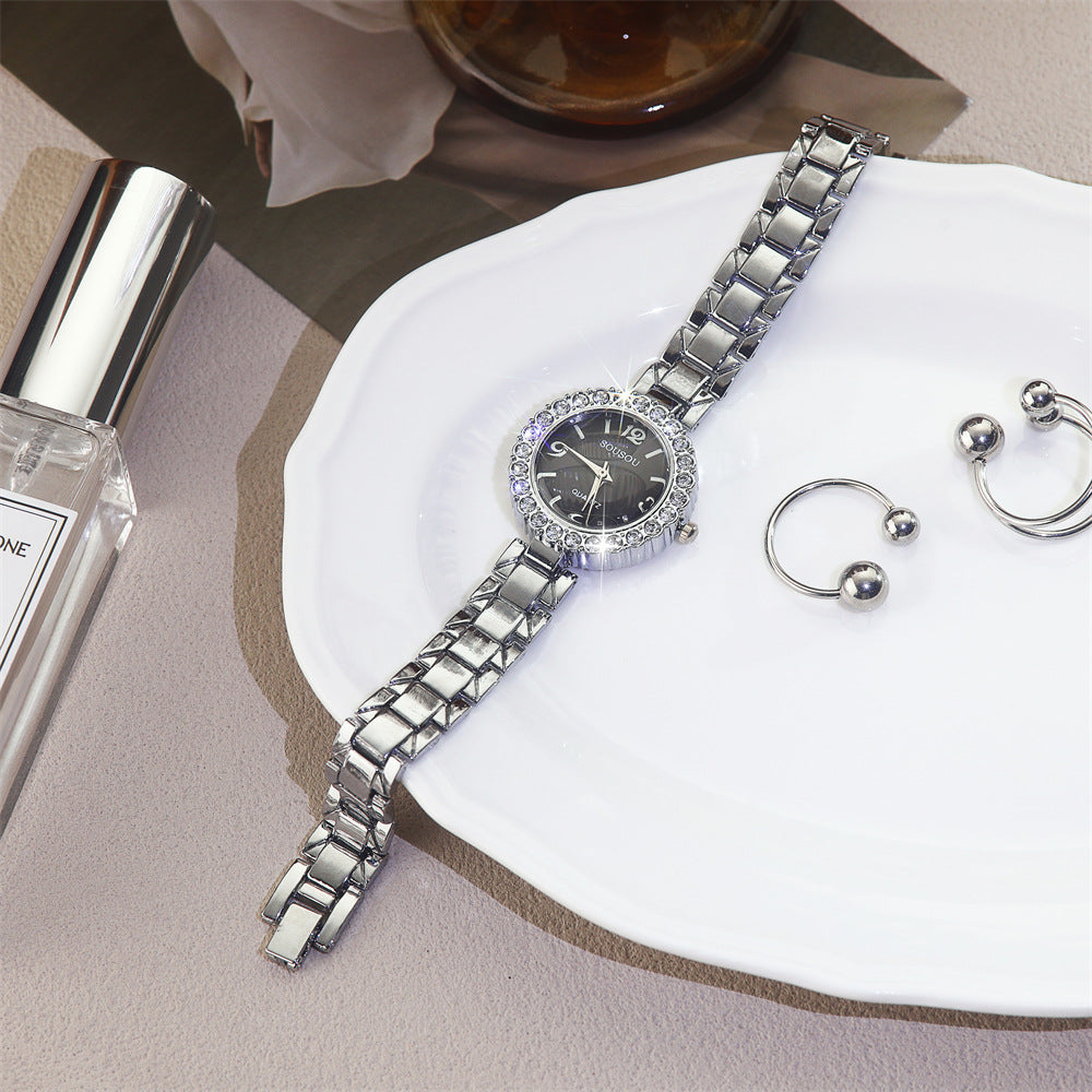 Women's Quartz Watch With Stainless Steel Strap And Jewelry Buckle, Featuring Ordinary Glass Mirror And Pointer Display