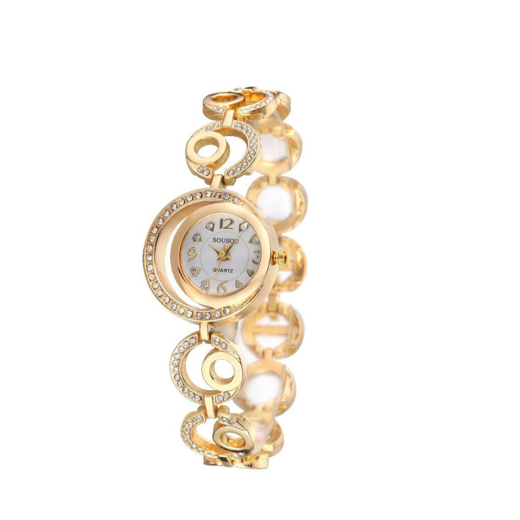 Women's Quartz Watch With Stainless Steel Strap And Buckle, Featuring Tempered Glass Round Dial With Pointer Display