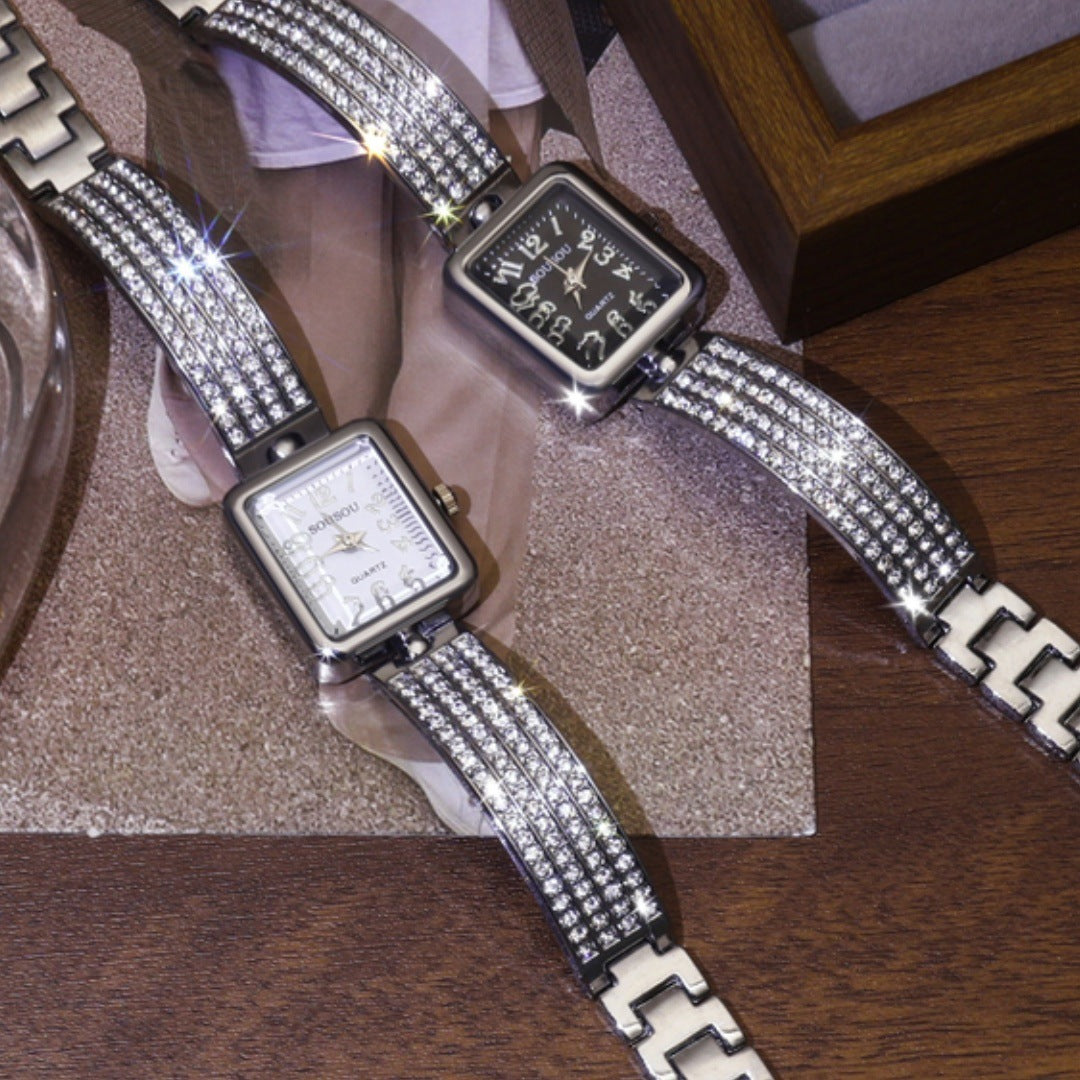 Women's Square Dial Quartz Watch With Tempered Glass, Stainless Steel Strap And Buckle Closure Featuring Pointer Display