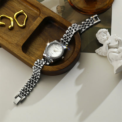 Women's Quartz Watch With Stainless Steel Strap And Jewelry Buckle, Featuring Ordinary Glass Mirror And Pointer Display
