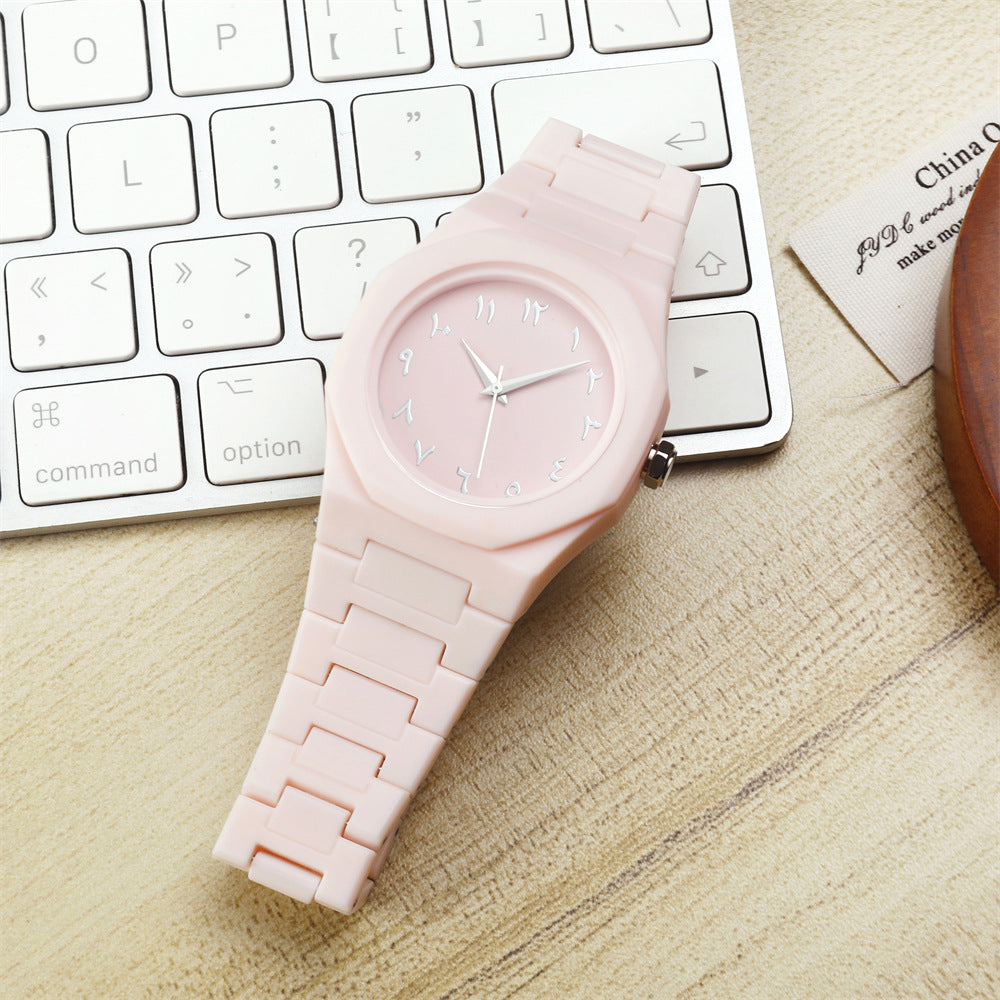 Unisex Quartz Watch With Plastic Strap And Butterfly Double Snap Buckle Featuring Ordinary Glass Mirror And Pointer Display