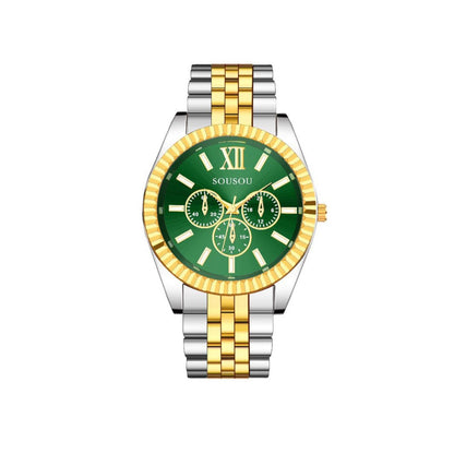 Men's Quartz Watch With Stainless Steel Strap And Buckle, Featuring Tempered Glass Mirror And Pointer Display
