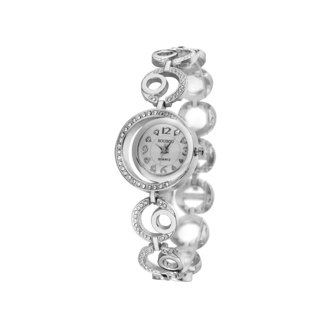 Women's Quartz Watch With Stainless Steel Strap And Buckle, Featuring Tempered Glass Round Dial With Pointer Display