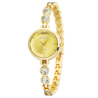 Women's Quartz Watch With Stainless Steel Strap And Buckle, Featuring Tempered Glass Mirror And Pointer Display