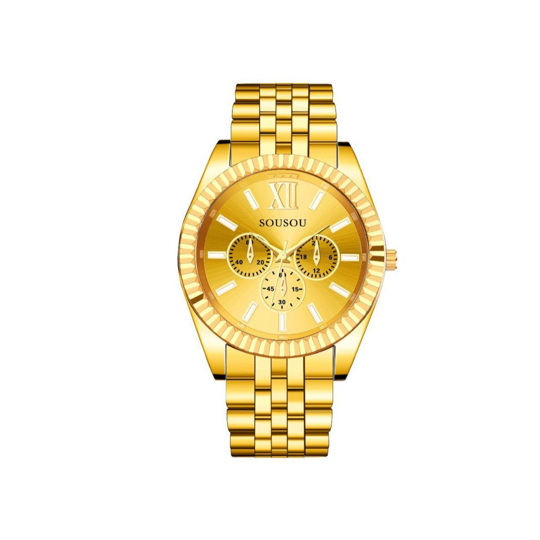 Men's Quartz Watch With Stainless Steel Strap And Buckle, Featuring Tempered Glass Mirror And Pointer Display
