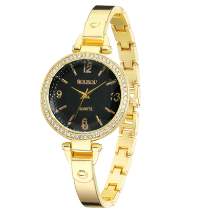 Women's Quartz Watch With Stainless Steel Strap And Buckle, Featuring Tempered Glass Mirror And Pointer Display
