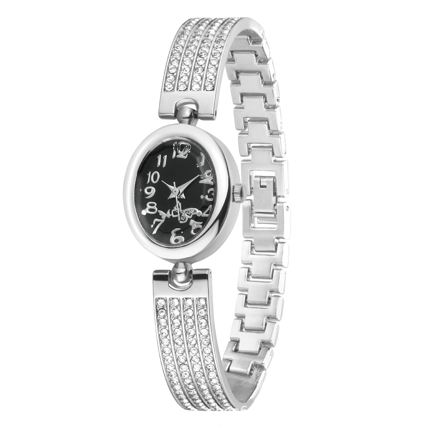 Women's Quartz Watch With Stainless Steel Strap And Buckle, Featuring Tempered Glass Mirror And Pointer+Number Display