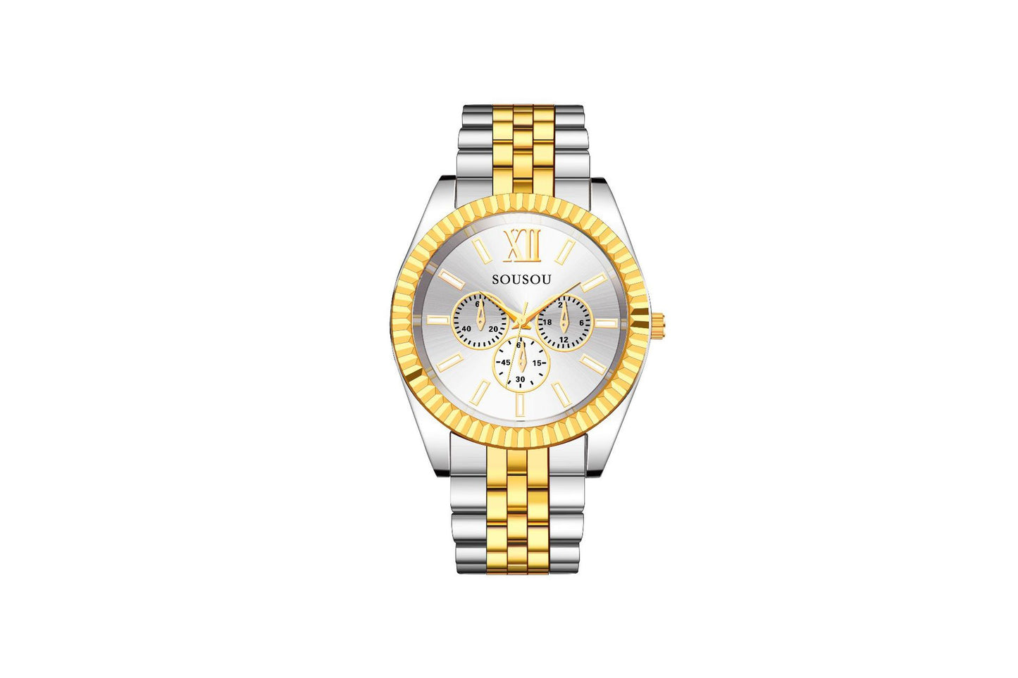 Men's Quartz Watch With Stainless Steel Strap And Buckle, Featuring Tempered Glass Mirror And Pointer Display
