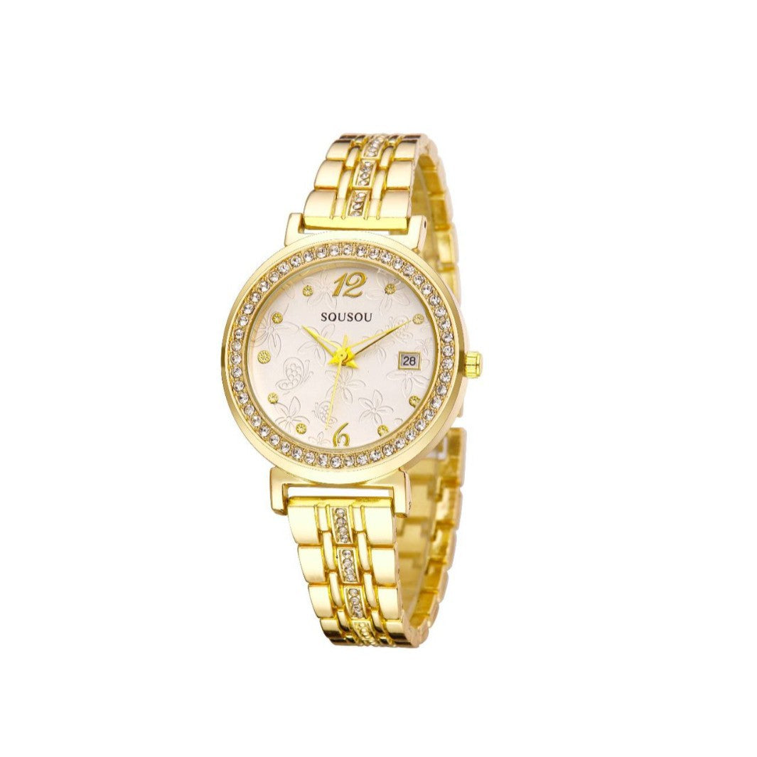 Women's Quartz Watch With Stainless Steel Strap And Buckle, Featuring Tempered Glass Mirror And Pointer Display