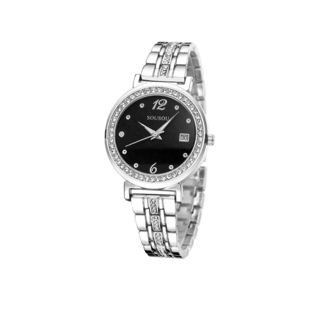 Women's Quartz Watch With Stainless Steel Strap And Buckle, Featuring Tempered Glass Mirror And Pointer Display