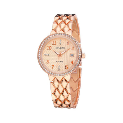 Women's Quartz Watch With Stainless Steel Strap And Buckle, Featuring Tempered Glass Mirror And Pointer Display