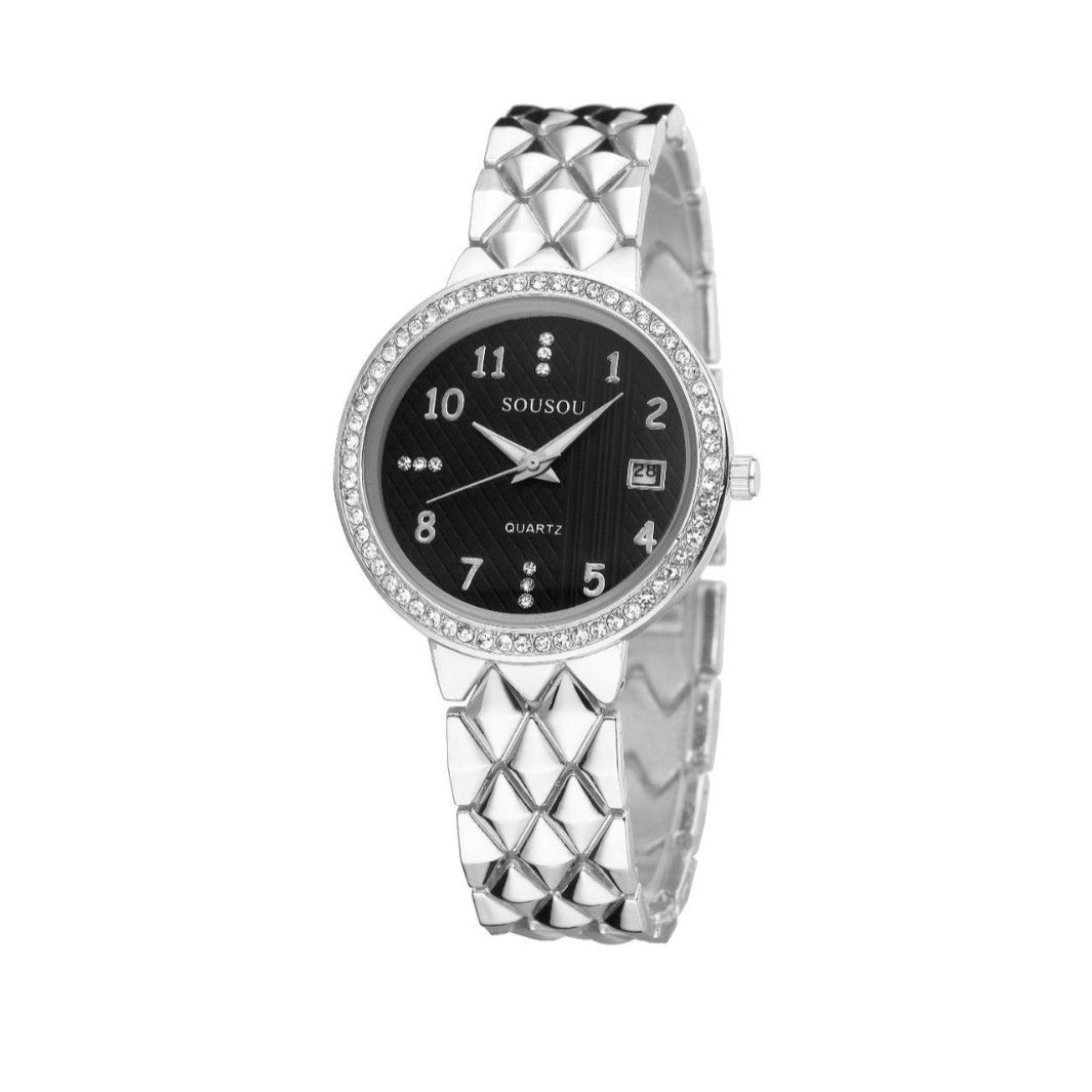 Women's Quartz Watch With Stainless Steel Strap And Buckle, Featuring Tempered Glass Mirror And Pointer Display