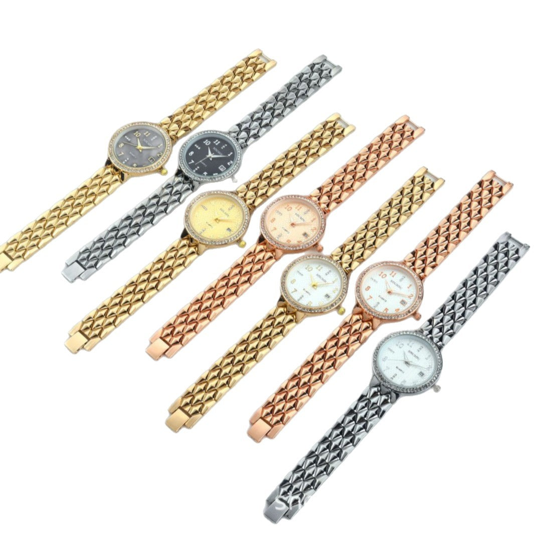 Women's Quartz Watch With Stainless Steel Strap And Buckle, Featuring Tempered Glass Mirror And Pointer Display