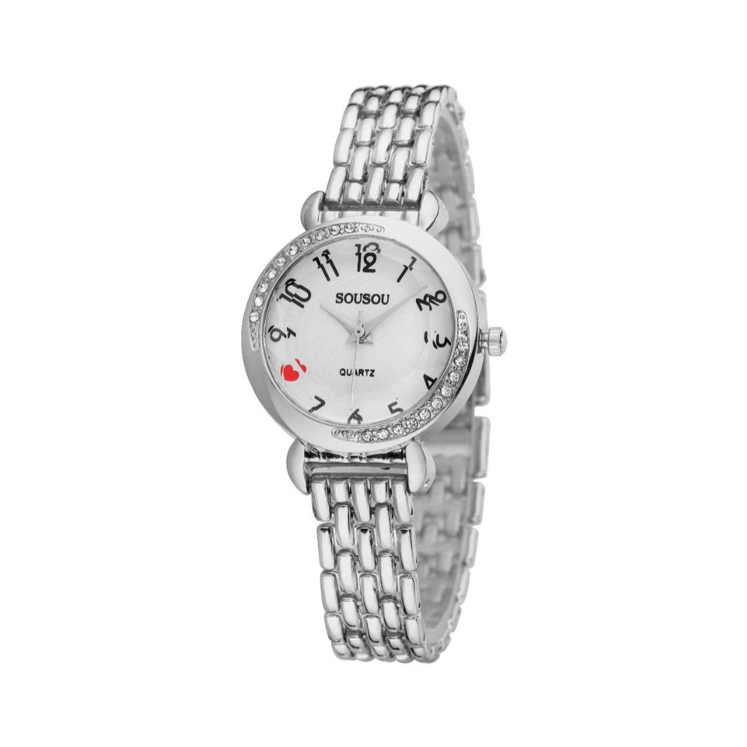 Women's Quartz Watch With Stainless Steel Strap And Buckle, Featuring Tempered Glass Mirror And Pointer Display