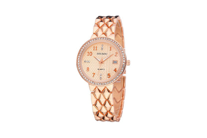 Women's Quartz Watch With Stainless Steel Strap And Buckle, Featuring Tempered Glass Mirror And Pointer Display