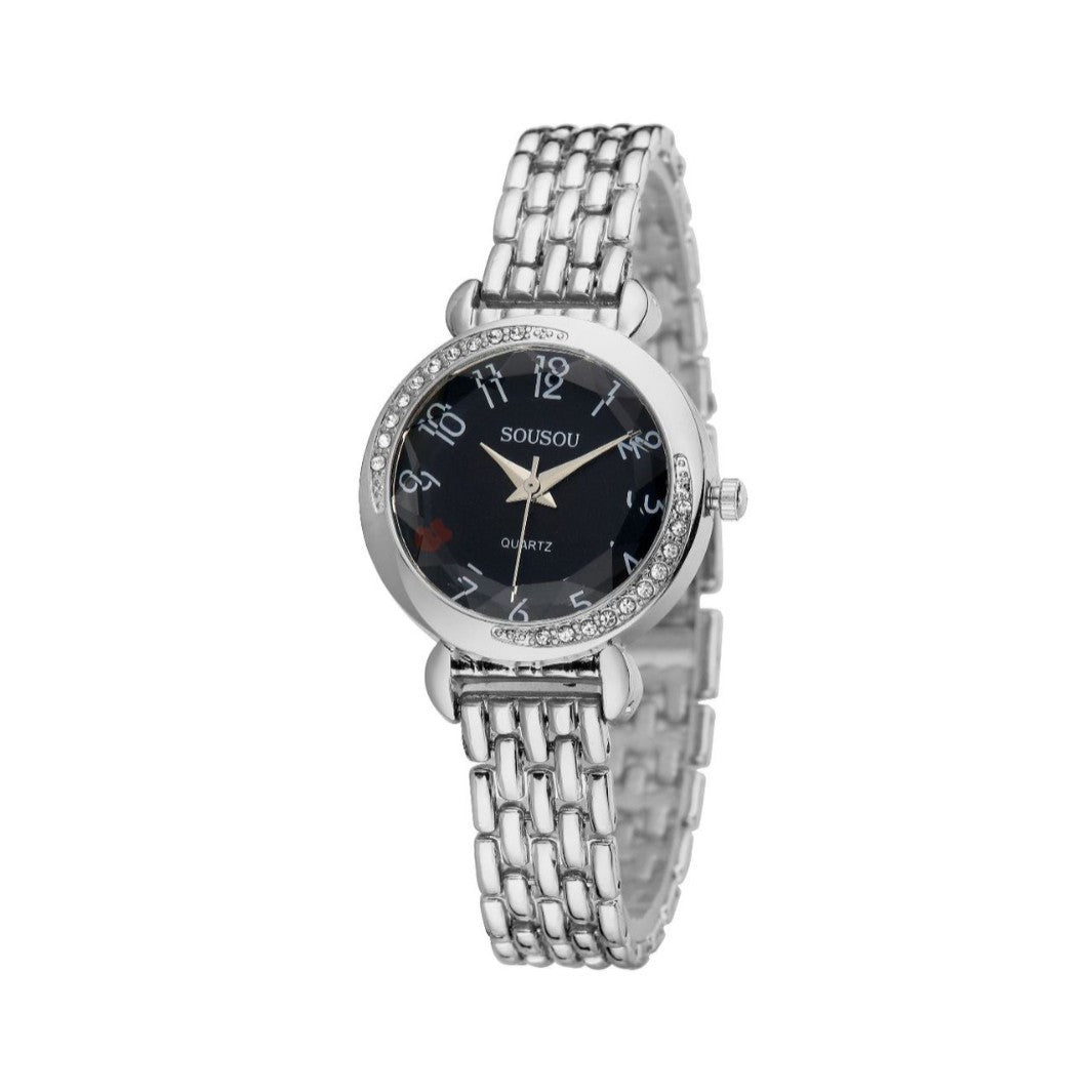 Women's Quartz Watch With Stainless Steel Strap And Buckle, Featuring Tempered Glass Mirror And Pointer Display
