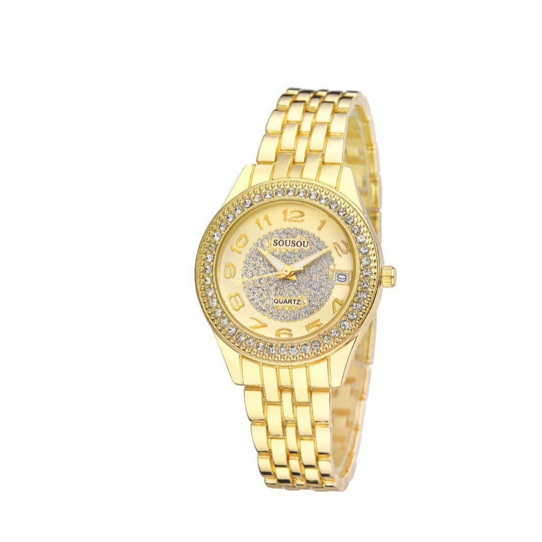 Women's Quartz Watch With Stainless Steel Strap And Horseshoe Buckle, Featuring Tempered Glass Mirror And Pointer Display