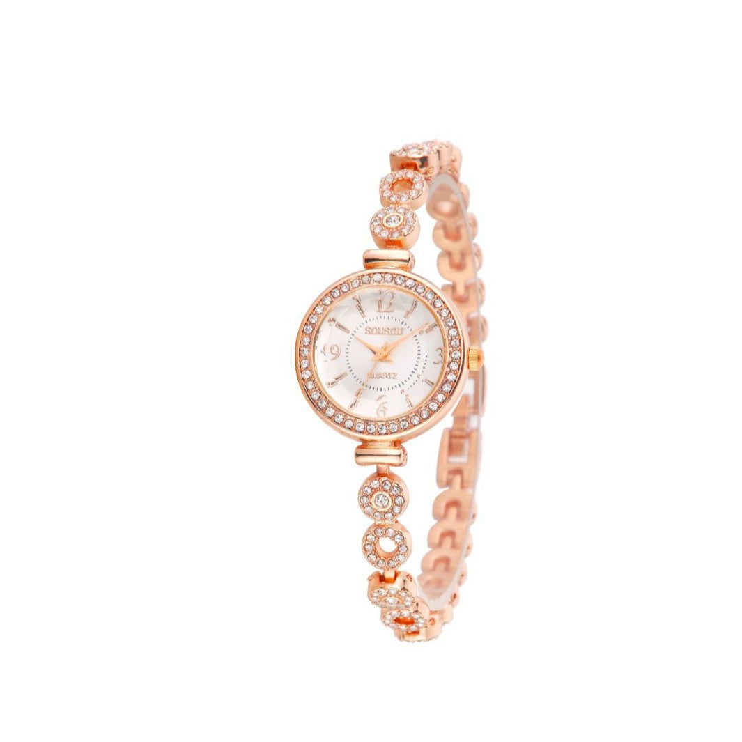 Women's Quartz Watch With Stainless Steel Strap And Buckle, Featuring Tempered Glass Mirror And Pointer Display