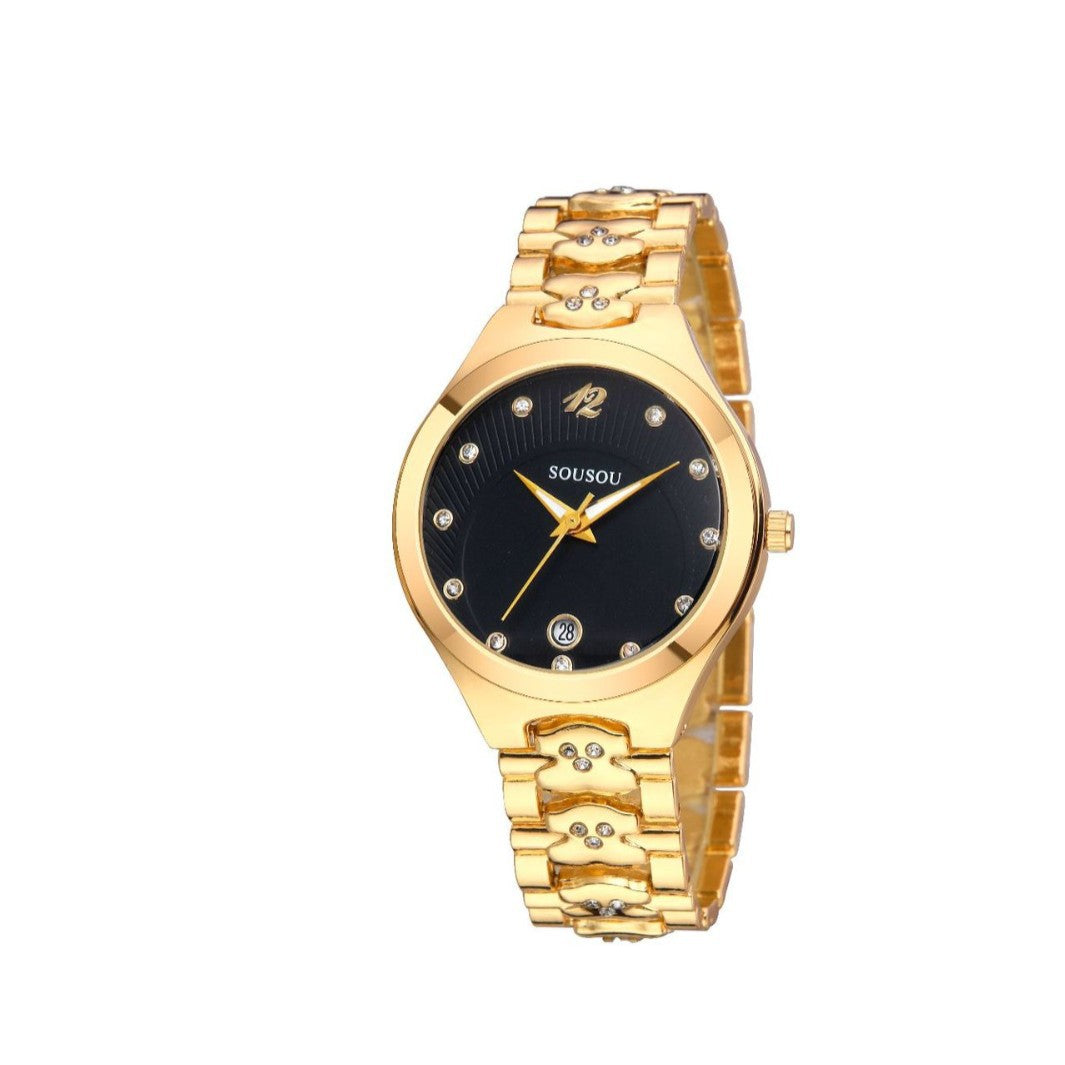 Women's Quartz Watch With Stainless Steel Strap And Buckle, Featuring Tempered Glass Mirror And Pointer Display