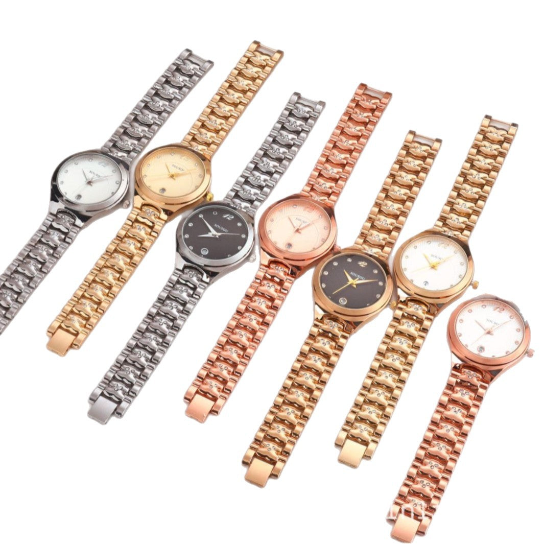 Women's Quartz Watch With Stainless Steel Strap And Buckle, Featuring Tempered Glass Mirror And Pointer Display