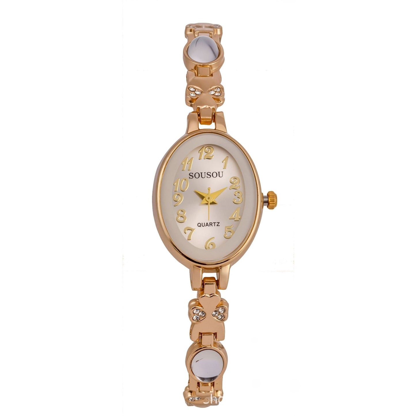 Women's Quartz Watch With Stainless Steel Strap And Buckle, Featuring Tempered Glass Mirror And Pointer+Number Display