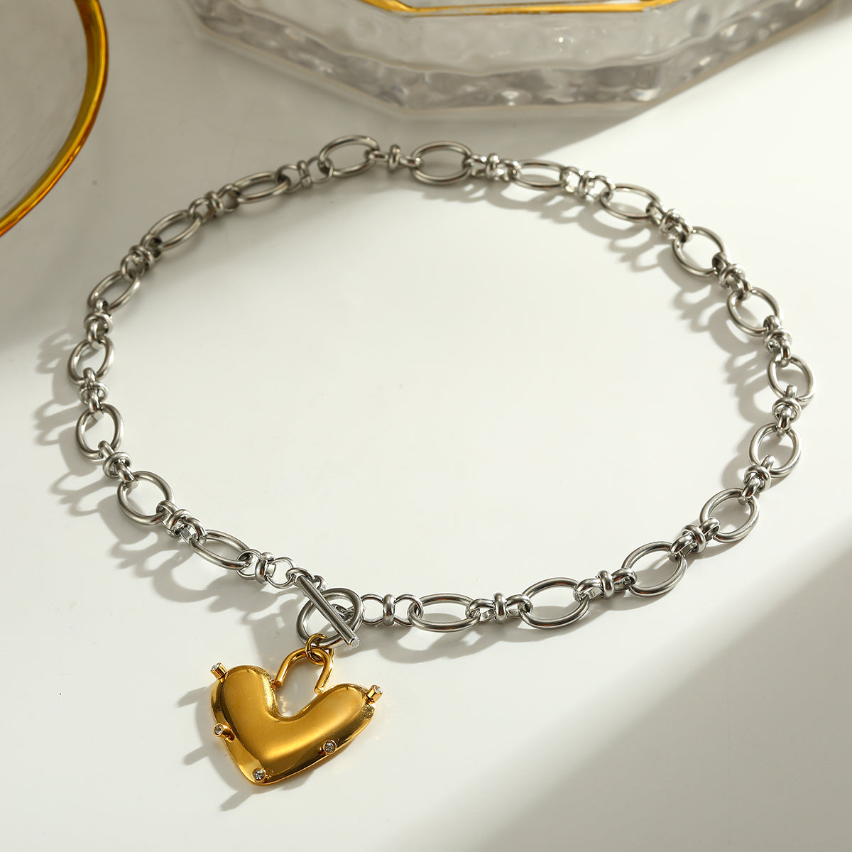 Heart Shape Pendant Necklace For Women In 304 Stainless Steel With 18K Real Gold Plated And Rhinestones, Perfect For Valentine's Day