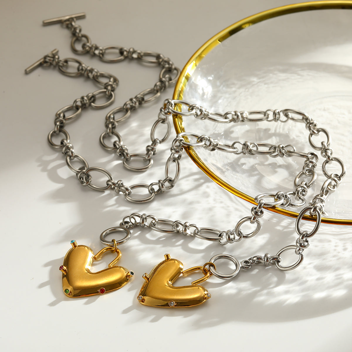 Heart Shape Pendant Necklace For Women In 304 Stainless Steel With 18K Real Gold Plated And Rhinestones, Perfect For Valentine's Day