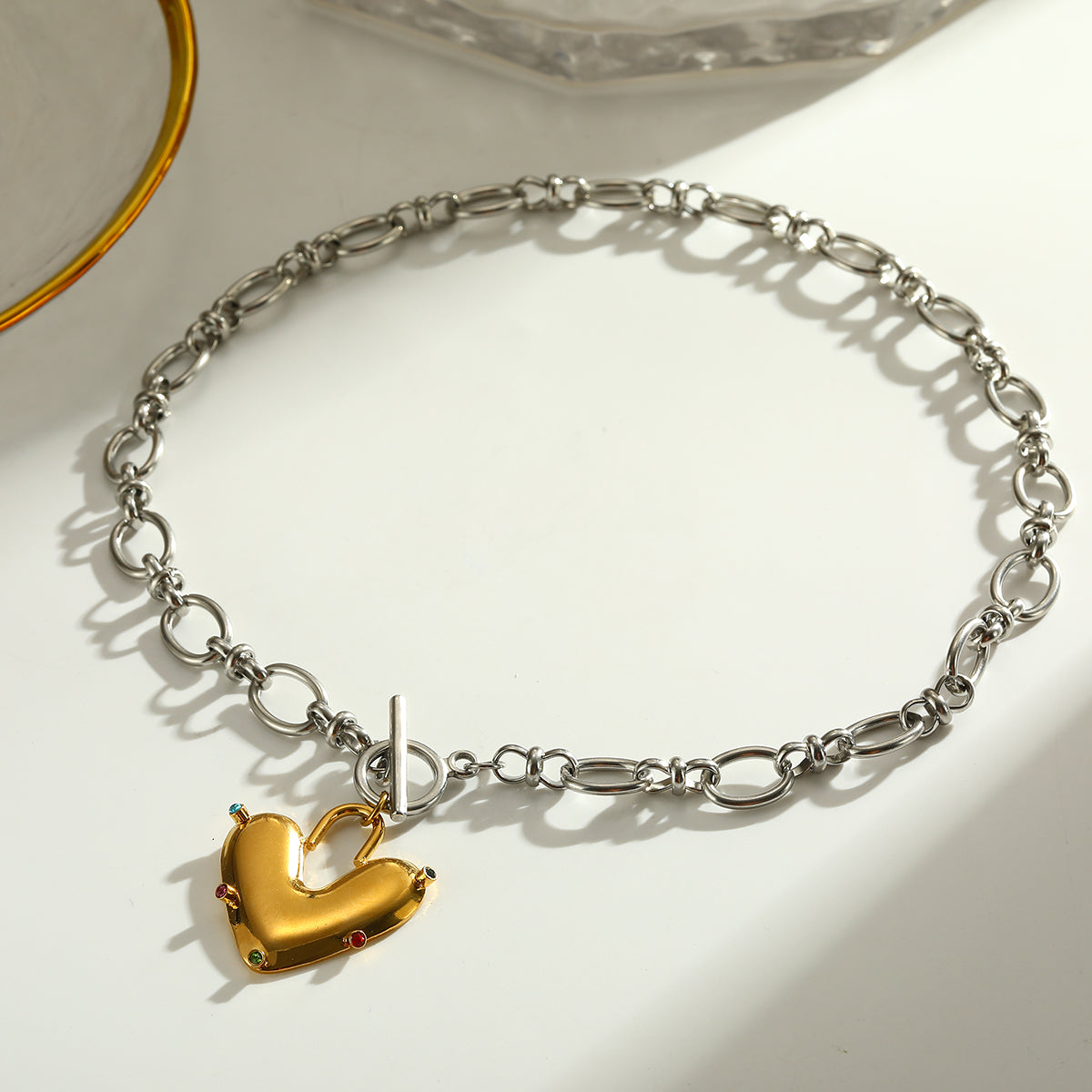Heart Shape Pendant Necklace For Women In 304 Stainless Steel With 18K Real Gold Plated And Rhinestones, Perfect For Valentine's Day