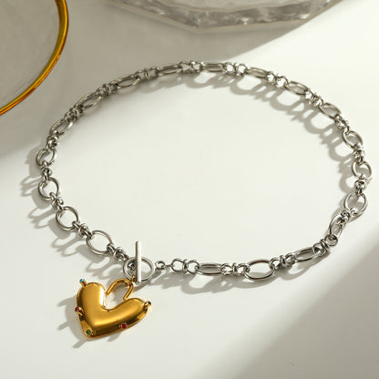 Heart Shape Pendant Necklace For Women In 304 Stainless Steel With 18K Real Gold Plated And Rhinestones, Perfect For Valentine's Day
