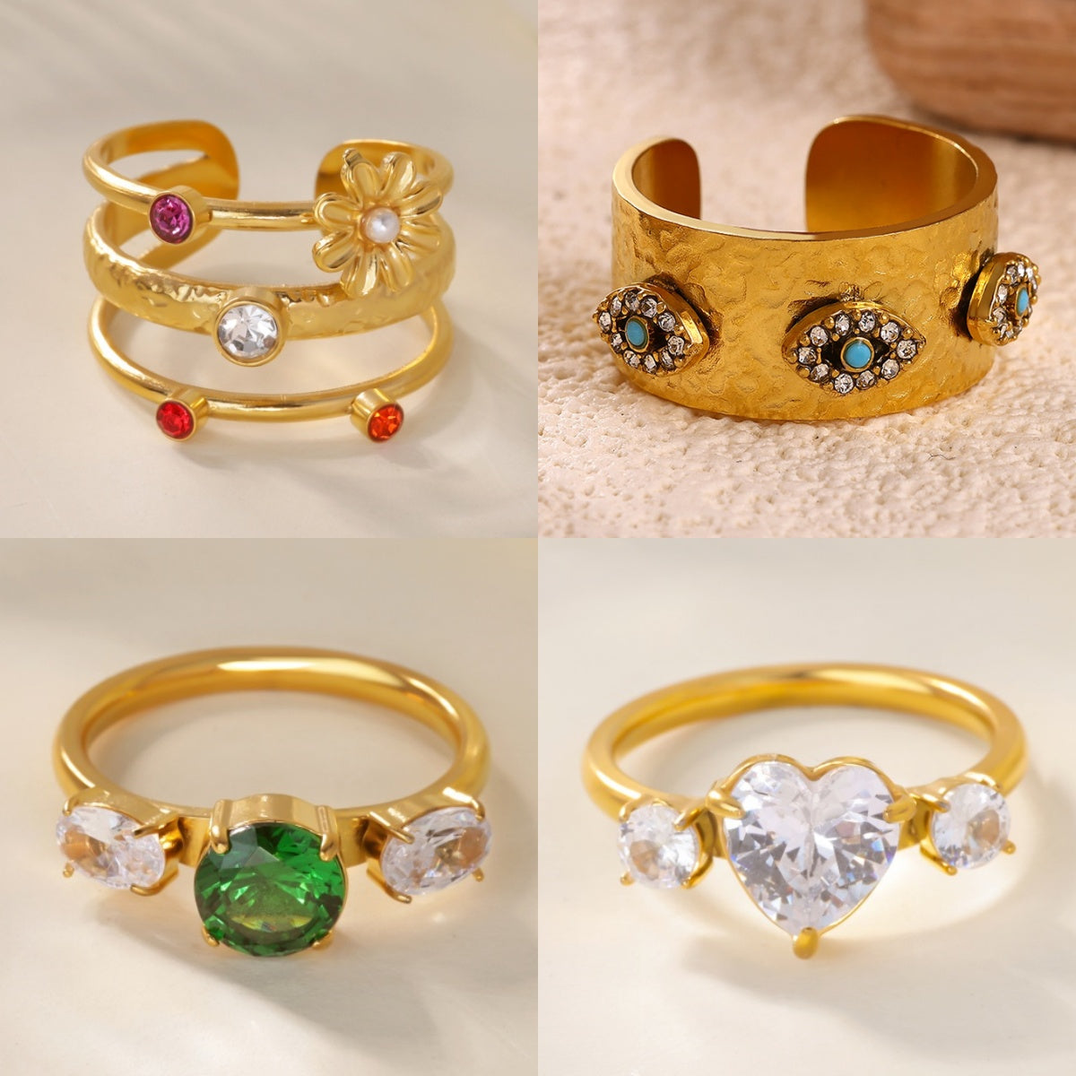 Devil's Eye Ring For Women In 304 Stainless Steel With Electroplated 18K Real Gold Plated And Zircon Inlay