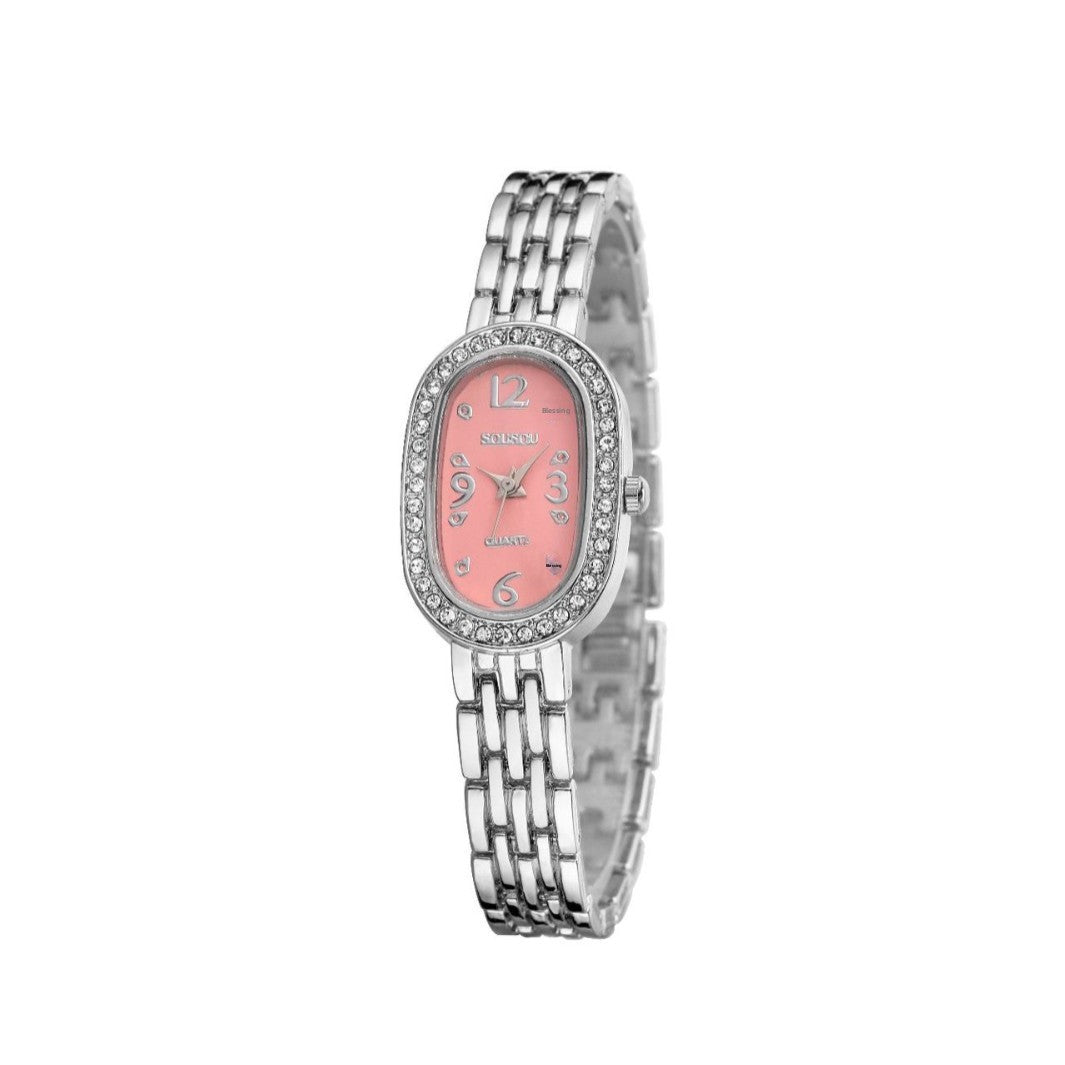 Women's Quartz Watch With Stainless Steel Strap And Buckle, Featuring Tempered Glass Mirror And Pointer Display