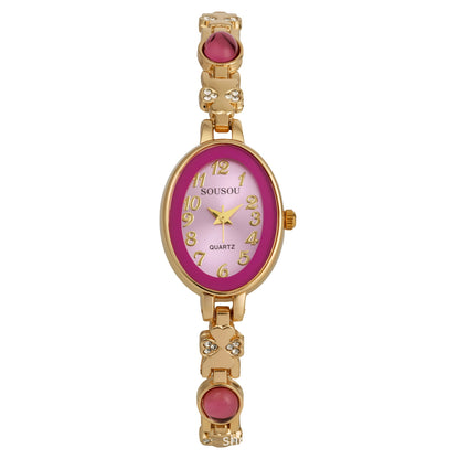 Women's Quartz Watch With Stainless Steel Strap And Buckle, Featuring Tempered Glass Mirror And Pointer+Number Display