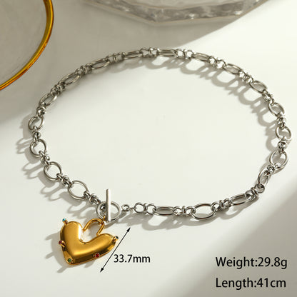 Heart Shape Pendant Necklace For Women In 304 Stainless Steel With 18K Real Gold Plated And Rhinestones, Perfect For Valentine's Day