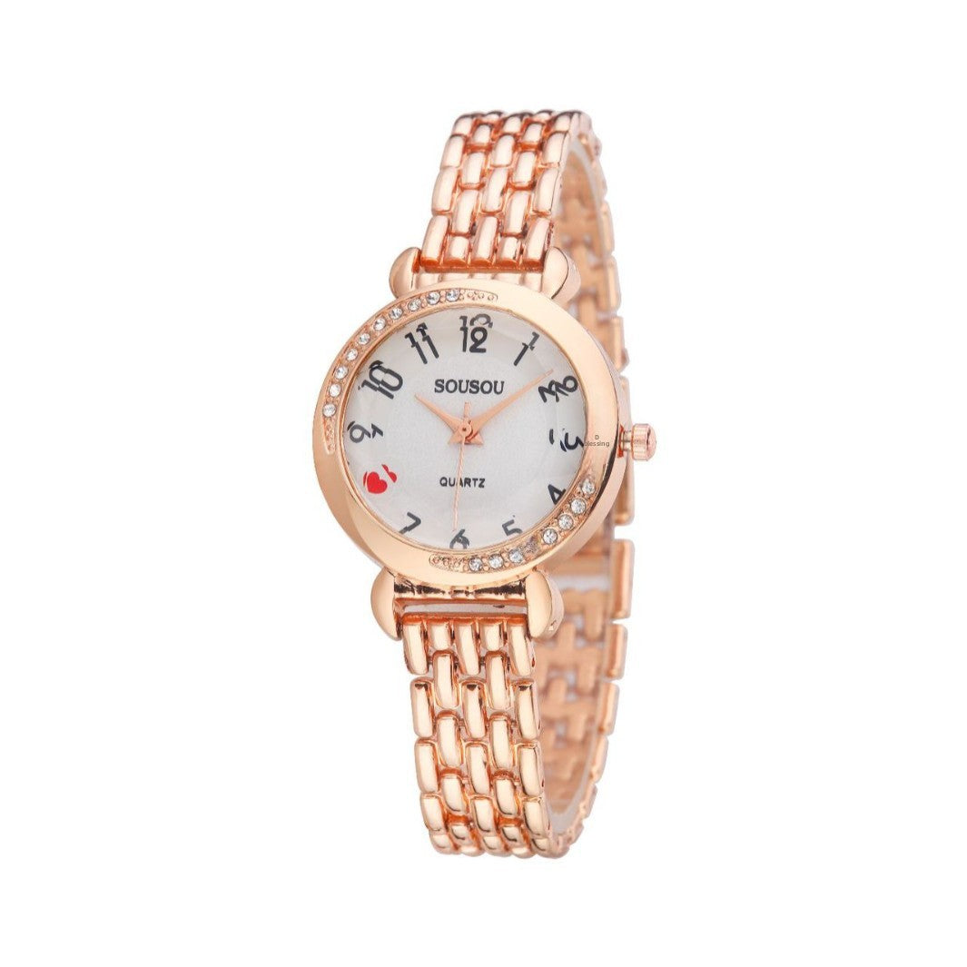 Women's Quartz Watch With Stainless Steel Strap And Buckle, Featuring Tempered Glass Mirror And Pointer Display