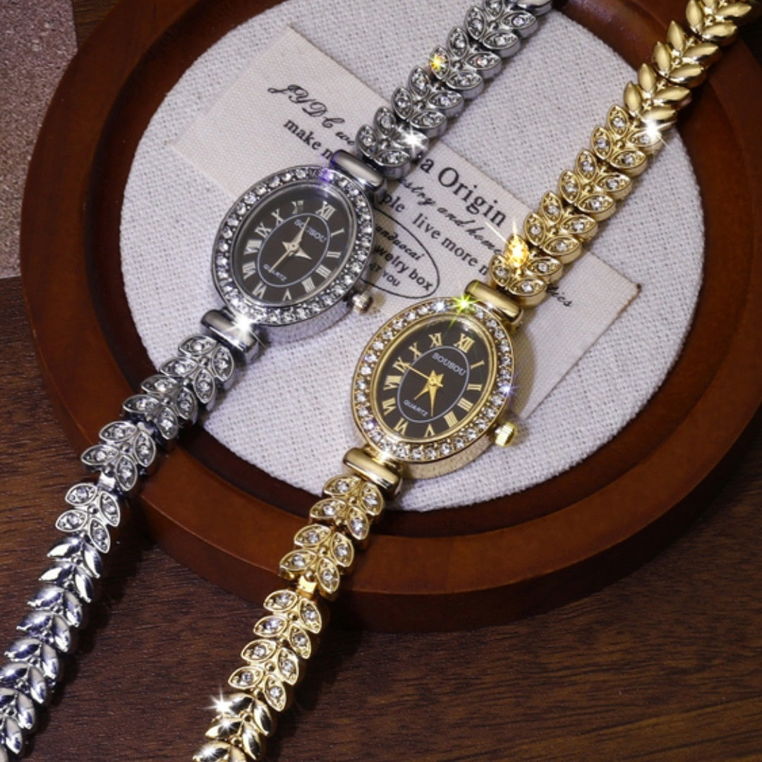 Women's Quartz Watch With Stainless Steel Strap And Buckle, Featuring Tempered Glass Mirror And Pointer Display